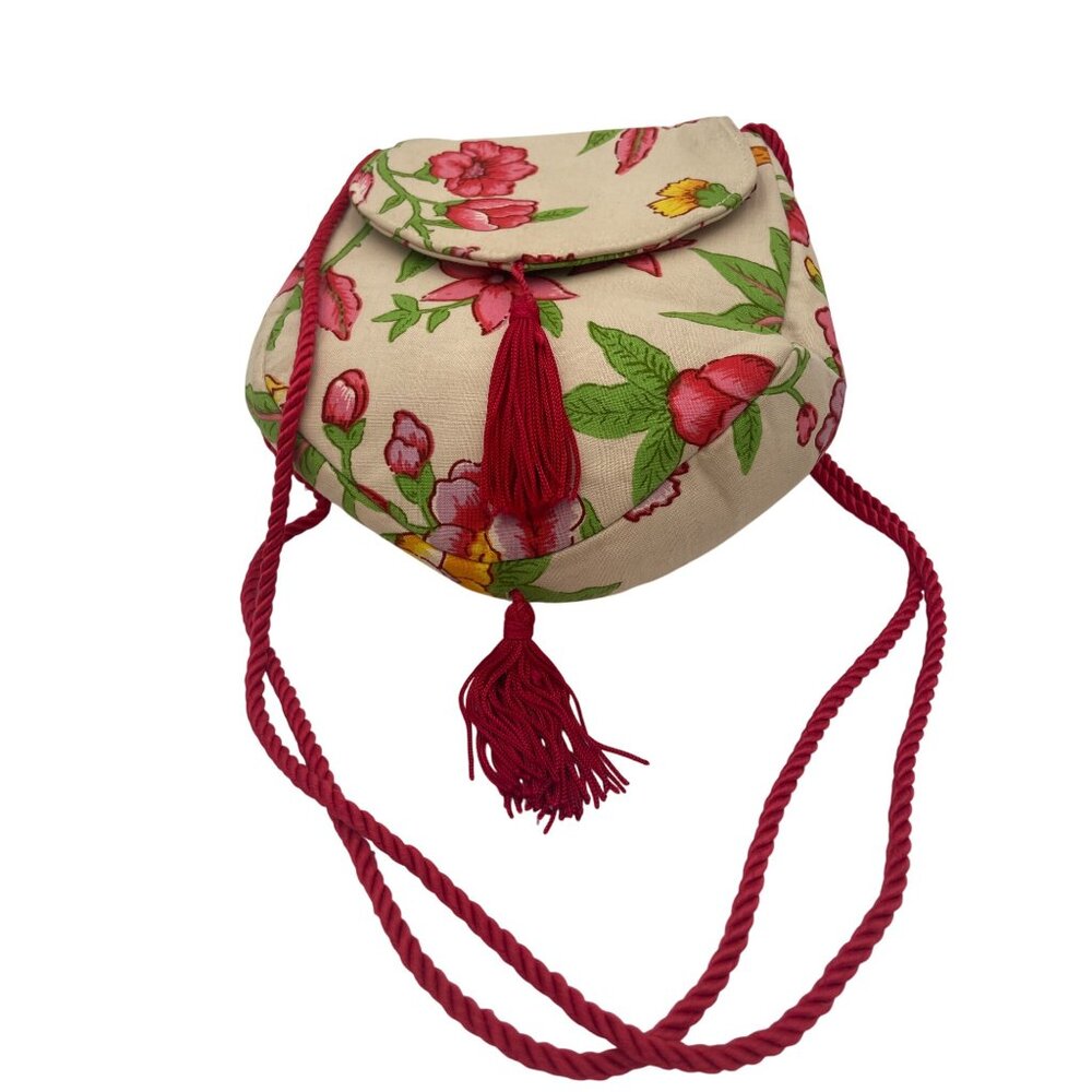 Kathy Robinson Floral Print Purse  Vibrant Tassel & Rope Strap  Eye-Catching Sty - Picture 6 of 6